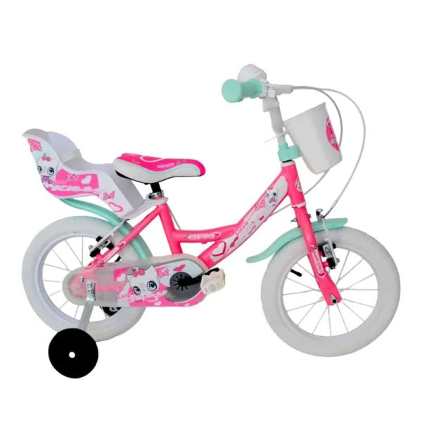 GFM BIKE Bicicletta bambini Kitty Rosa 14 pollici 3-6 anni | Con stabilizzatori, 95 – 100 cm