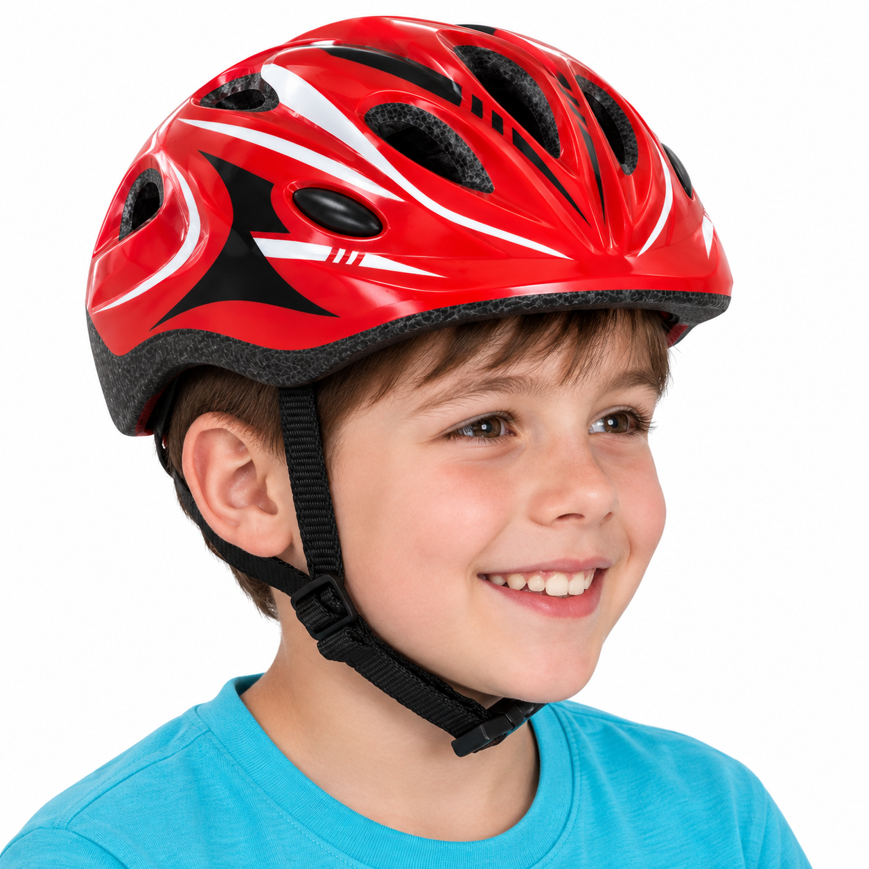 Bambino sorridente con casco rosso