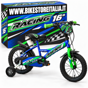 GFM BIKE Bicicletta bambini Racing 16 pollici Blu con stabilizzatori | Da 4 a 6 anni, 105 - 120 cm