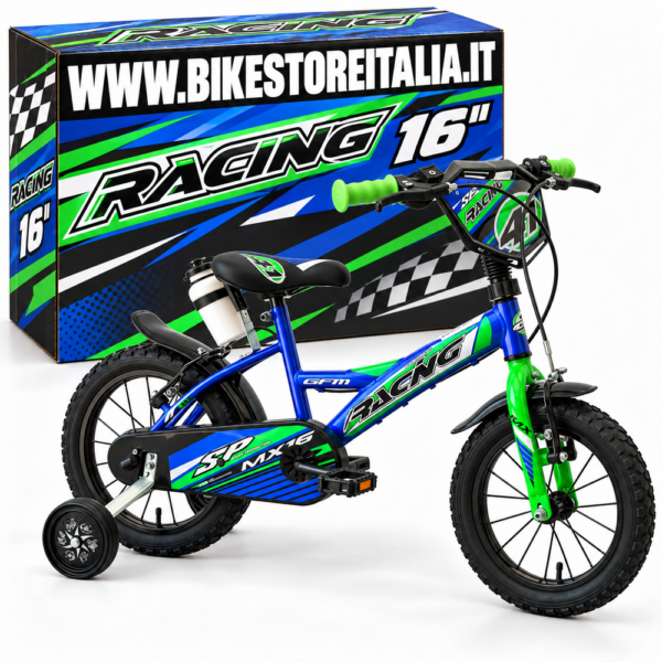 GFM BIKE Bicicletta bambini Racing 16 pollici Blu con stabilizzatori | Da 4 a 6 anni, 105 – 120 cm