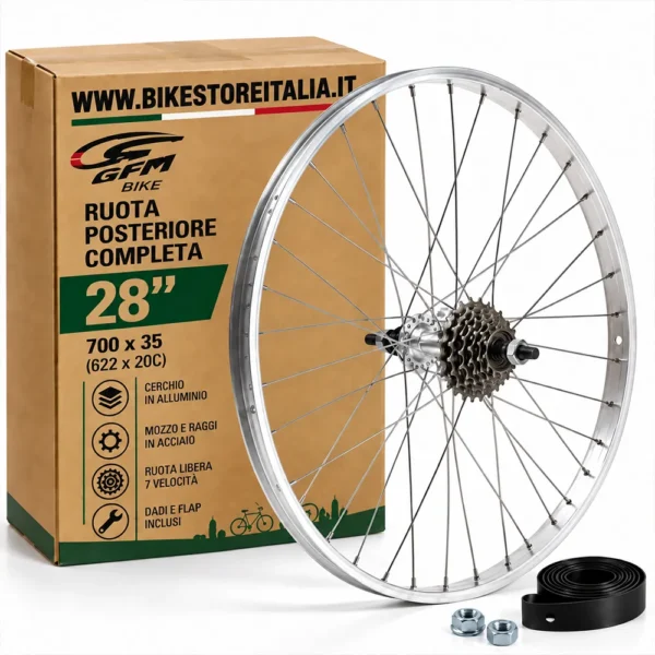 Ruota Posteriore Bici 28” 700C con Ruota Libera 7 Velocità – Cerchio 28 x 1.75 (700×35 / 622x20C) in Alluminio, Mozzo e Raggi in Acciaio – Dadi e Flap Inclusi – City Bike, Olandese e Trekking